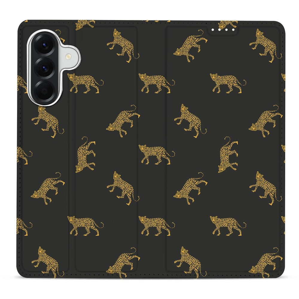 Samsung Galaxy A37 Bookcase Hoesje Leopards luipaardenprint zwart vooraanzicht.