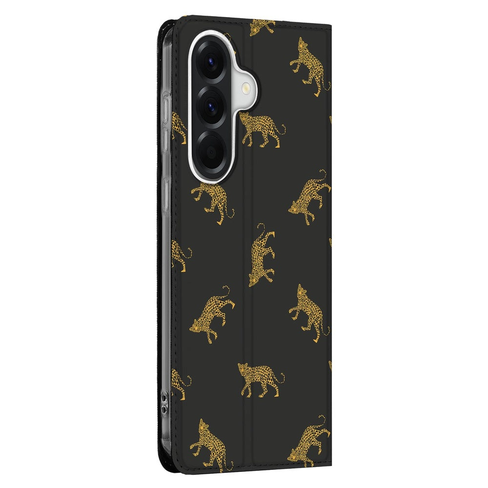 Samsung Galaxy A37 Bookcase Hoesje Leopards Design zwart goud luipaardenprint Zijaanzicht.