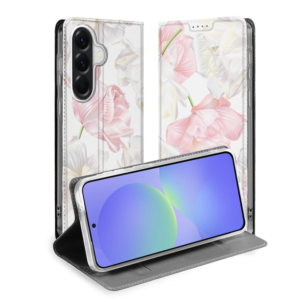 Samsung Galaxy A37 Book Case Lovely Flowers design met witte en roze bloemen, vooraanzicht.
