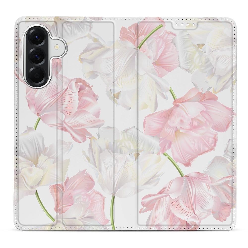 Samsung Galaxy A37 Book Case Lovely Flowers design wit roze en witte bloemen vooraanzicht.