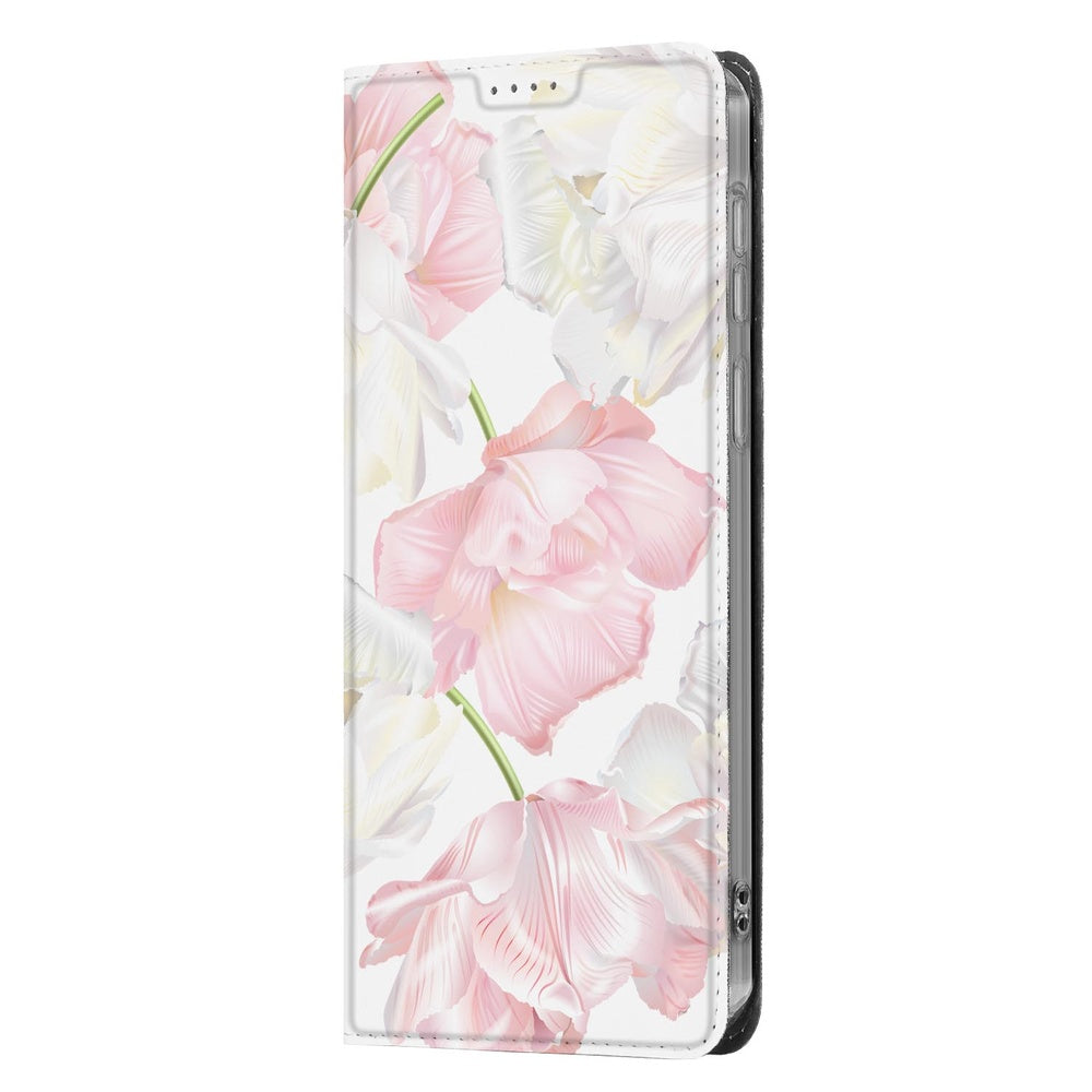 Samsung Galaxy A37 Book Case Lovely Flowers witte en roze bloemen op transparante achtergrond vooraanzicht.