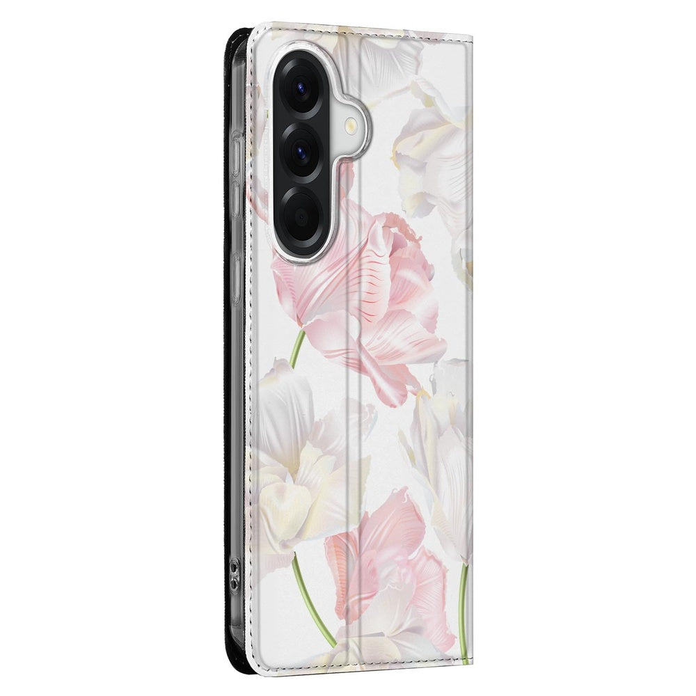 Samsung Galaxy A37 Book Case Lovely Flowers design met witte en roze bloemen vooraanzicht.