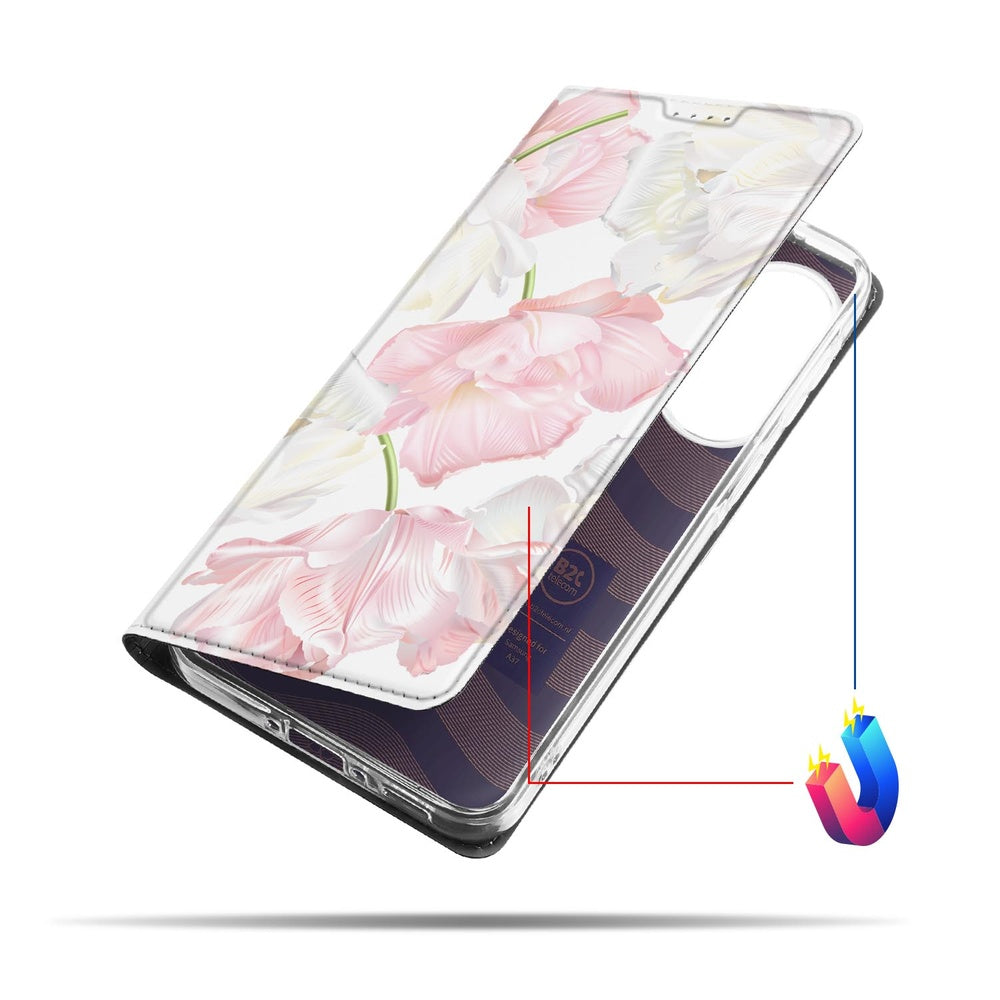 Samsung Galaxy A37 Book Case Lovely Flowers roze witte bloemprint vooraanzicht.