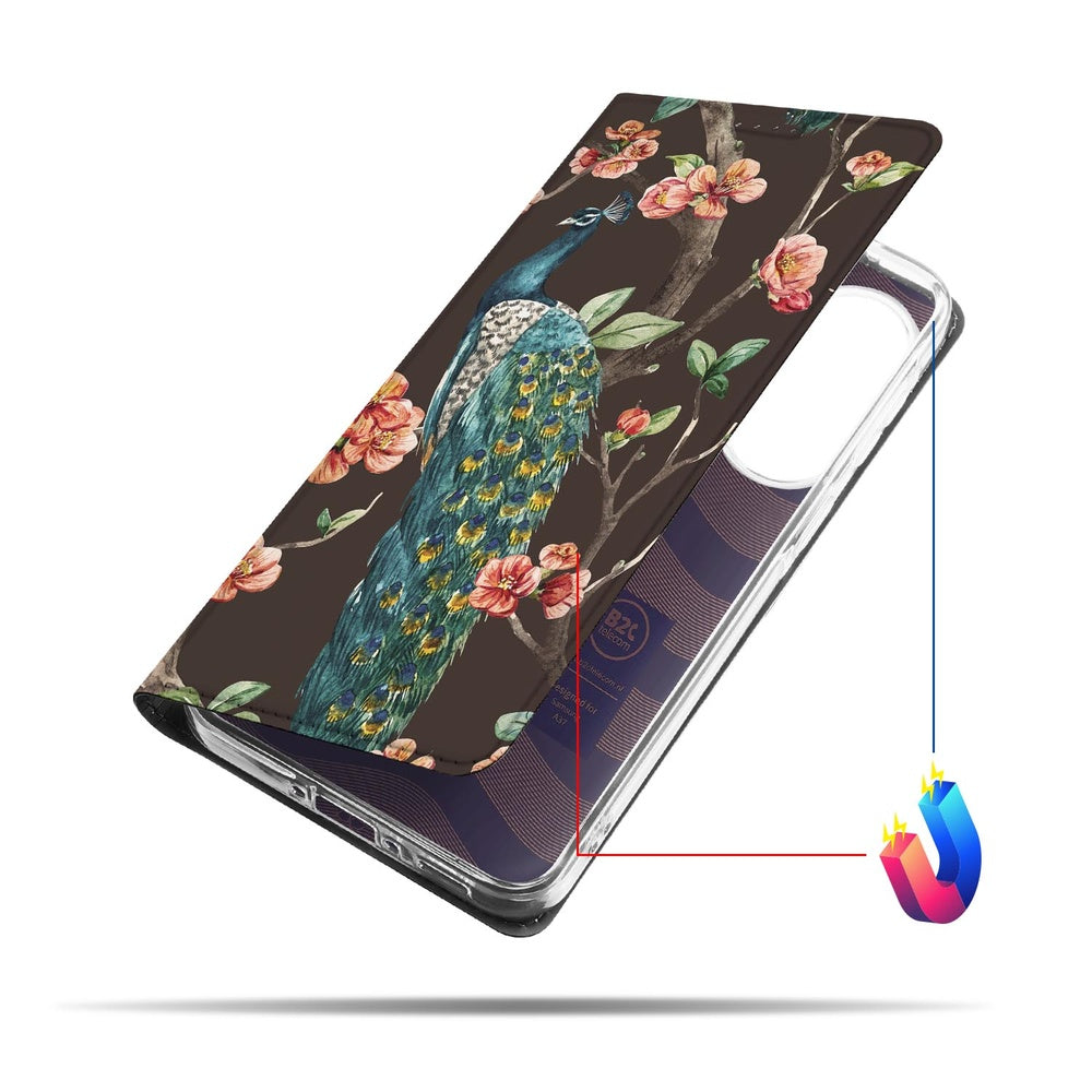 Samsung Galaxy A37 Bookcase Pauw met Bloemen Vooraanzicht.
