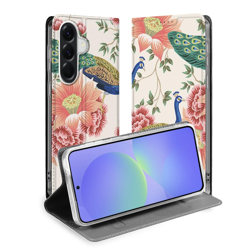 Book Cover Samsung Galaxy A37 Pink Peacock pauwenprint bloemen vooraanzicht.