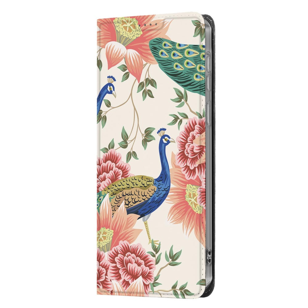 Samsung Galaxy A37 Book Cover Pink Peacock met pauwenprint en bloemen Vooraanzicht.