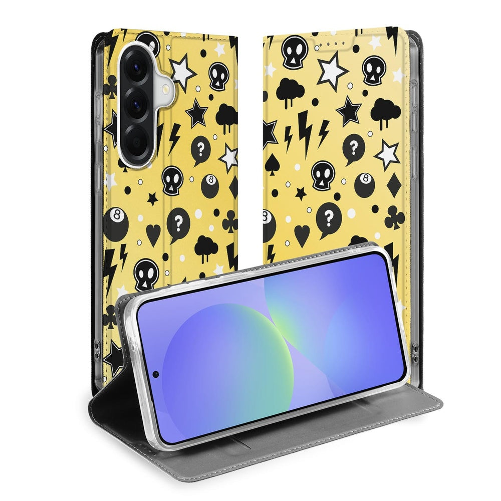 Samsung Galaxy A37 Book Cover Punk Yellow Vooraanzicht met grafische print van schedels sterren en bliksem.