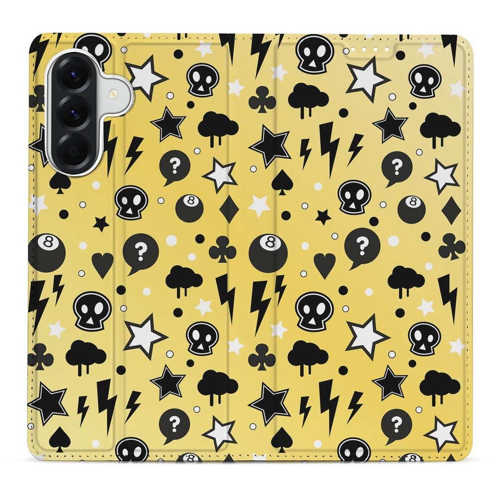 Samsung Galaxy A37 Book Cover Punk Yellow skulls sterren bliksems vooraanzicht.