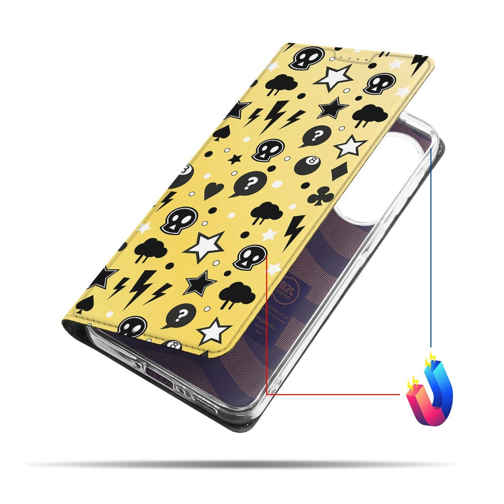 Samsung Galaxy A37 Book Cover Punk Yellow detail zwart wit patroon met doodskoppen sterren en bliksems.