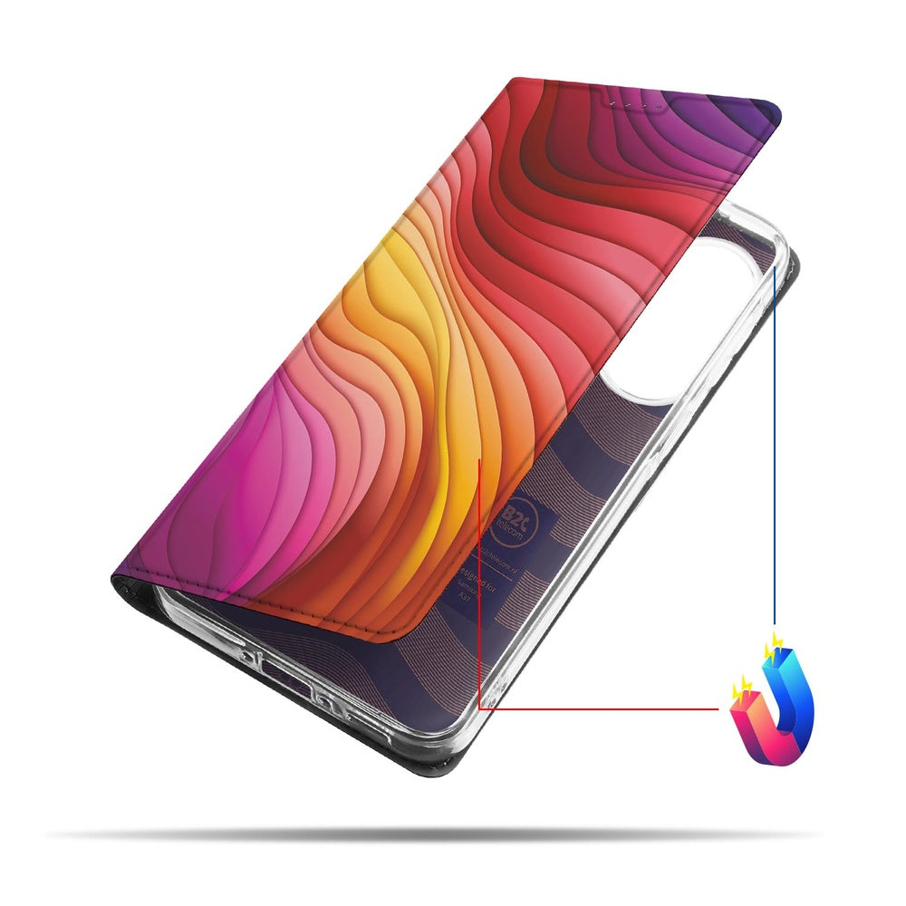 Samsung Galaxy A37 Bookcase Regenboog design kleurrijke golven detail.