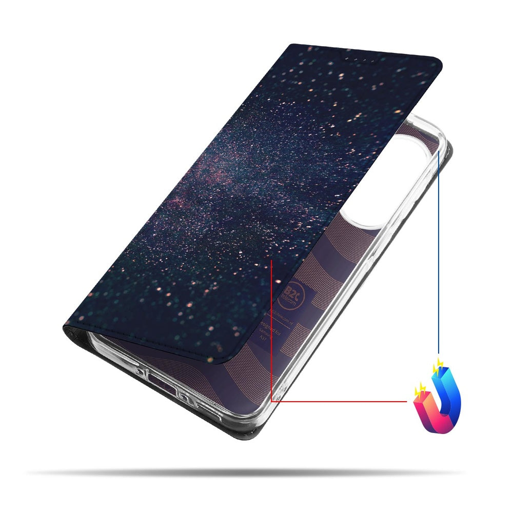 Samsung Galaxy A37 Book Case Stars design inktzwart met paarse en blauwe sterren glitters vooraanzicht.