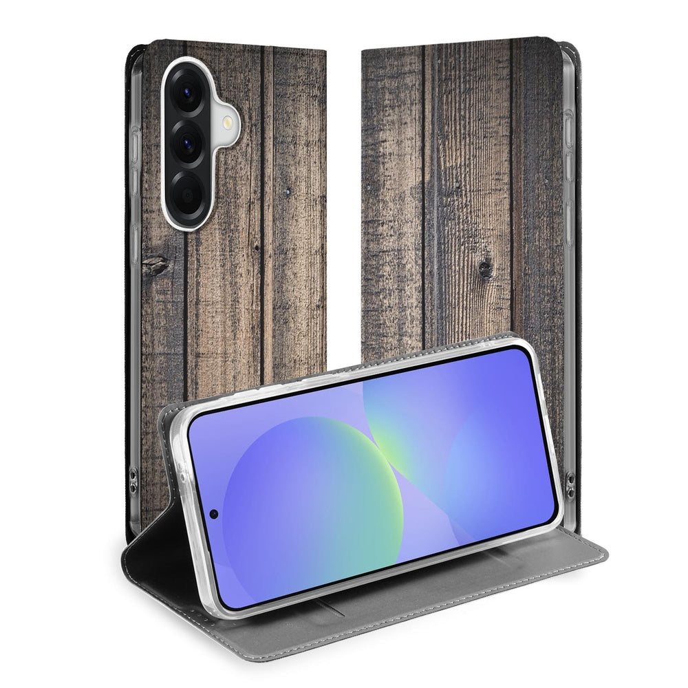 Samsung Galaxy A37 Book Case Steigerhout print vooraanzicht.