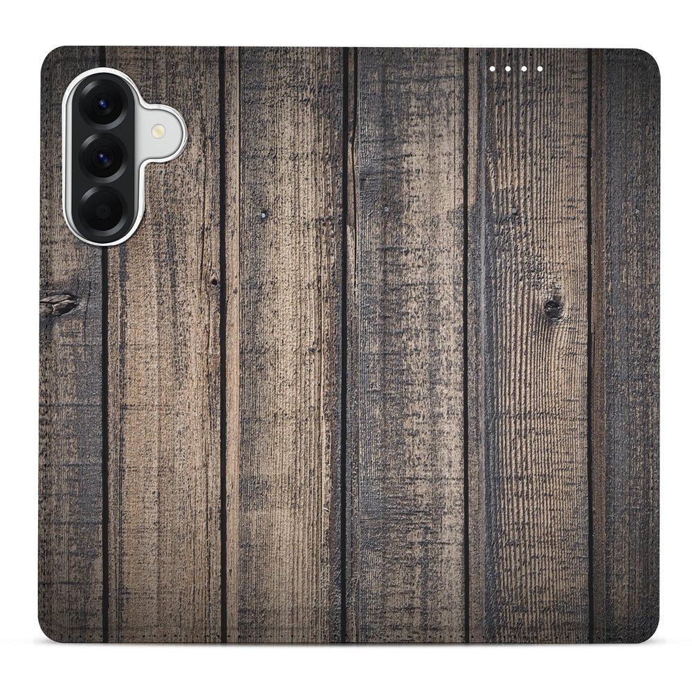 Samsung Galaxy A37 Book Case Steigerhout houten plank print vooraanzicht.