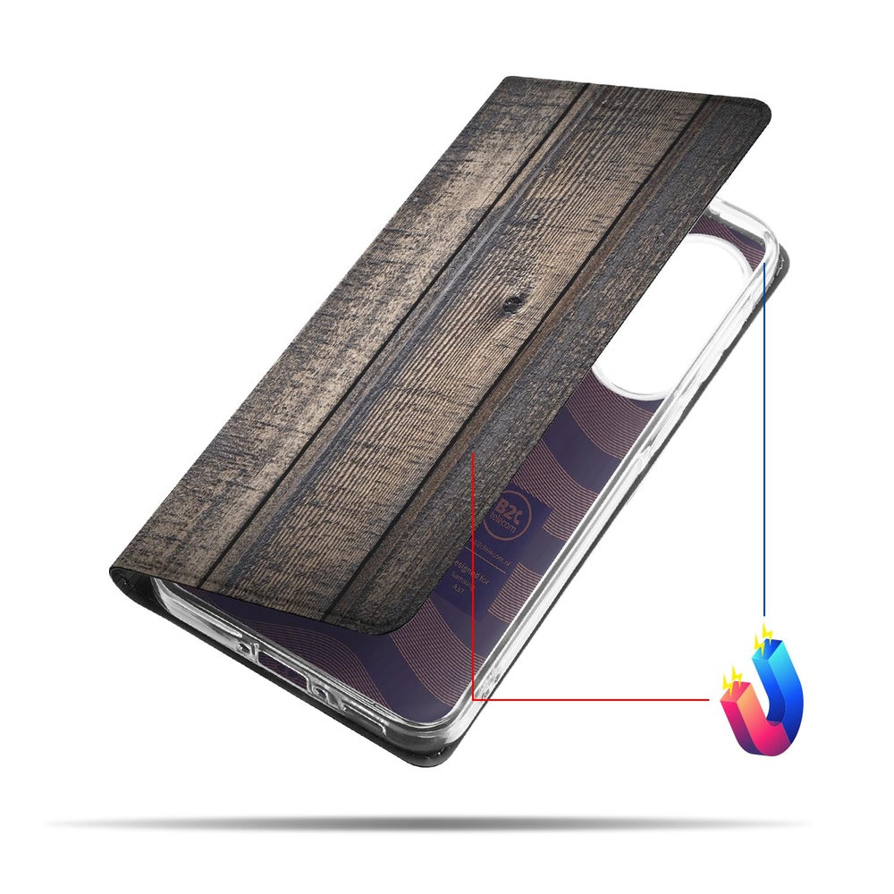 Samsung Galaxy A37 Book Case Steigerhout design houten planken vooraanzicht.