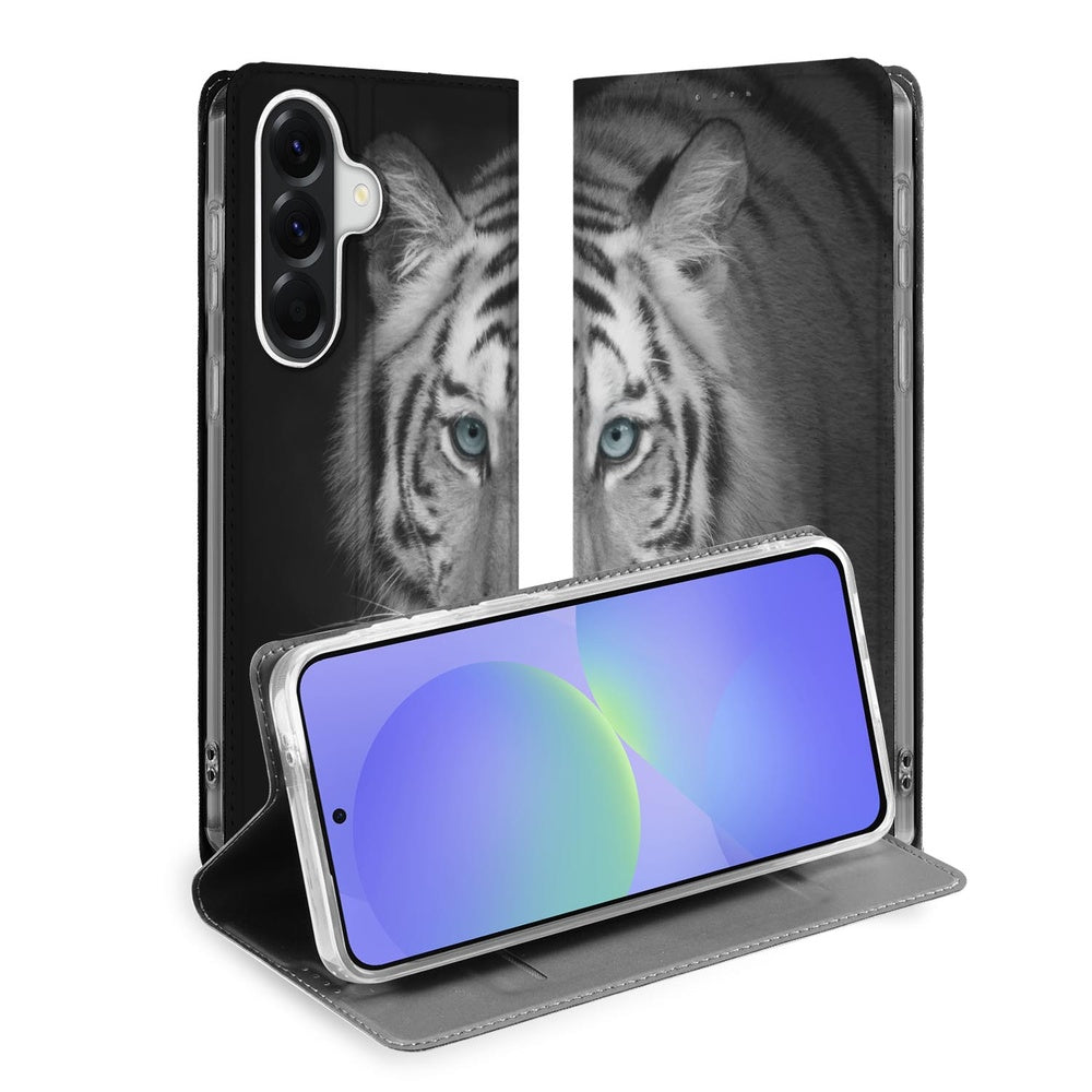 Samsung Galaxy A37 Bookcase Tijger zwart/grijs tijgerprint vooraanzicht.