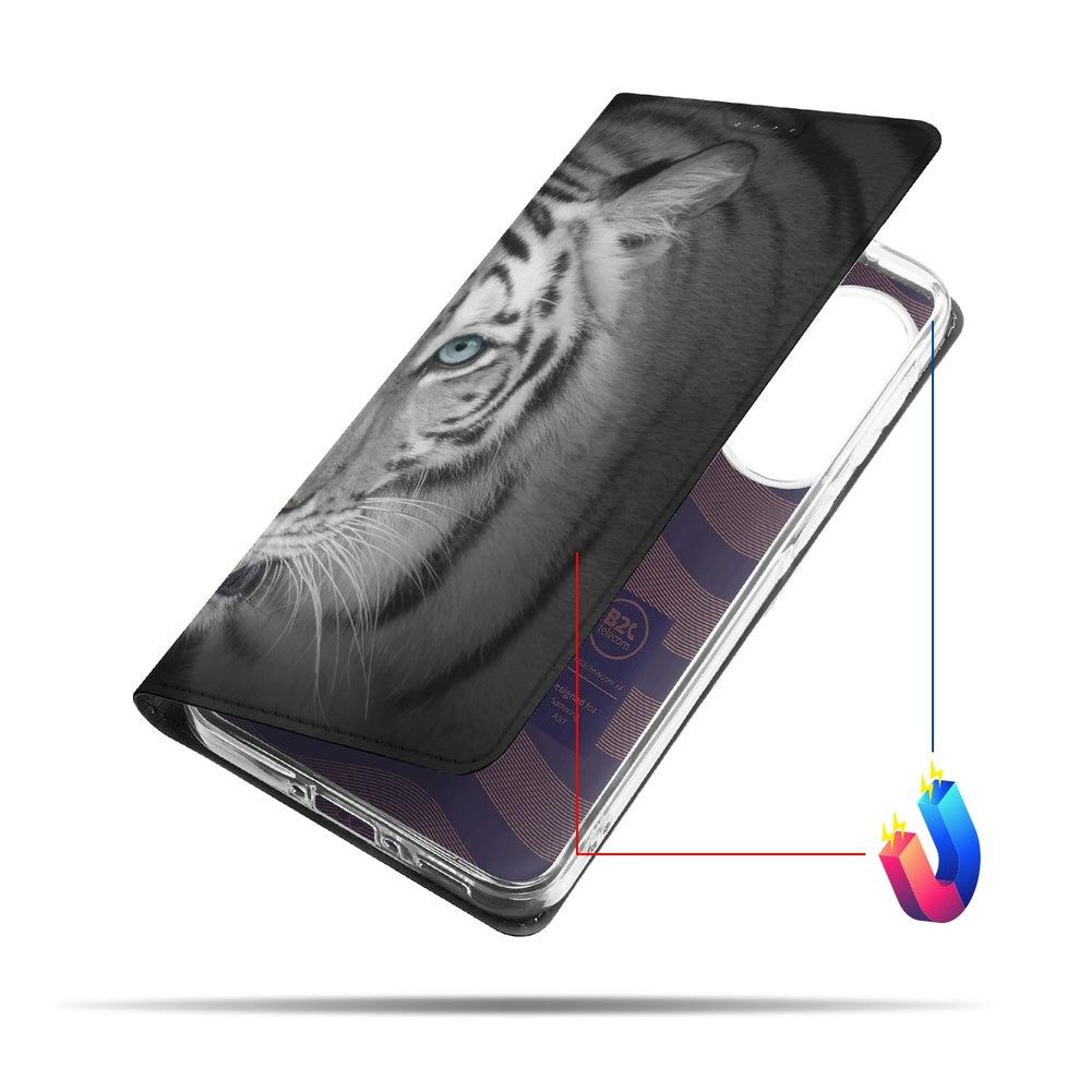 Samsung Galaxy A37 Bookcase Tijger design zwart grijs zicht vanaf de zijkant.
