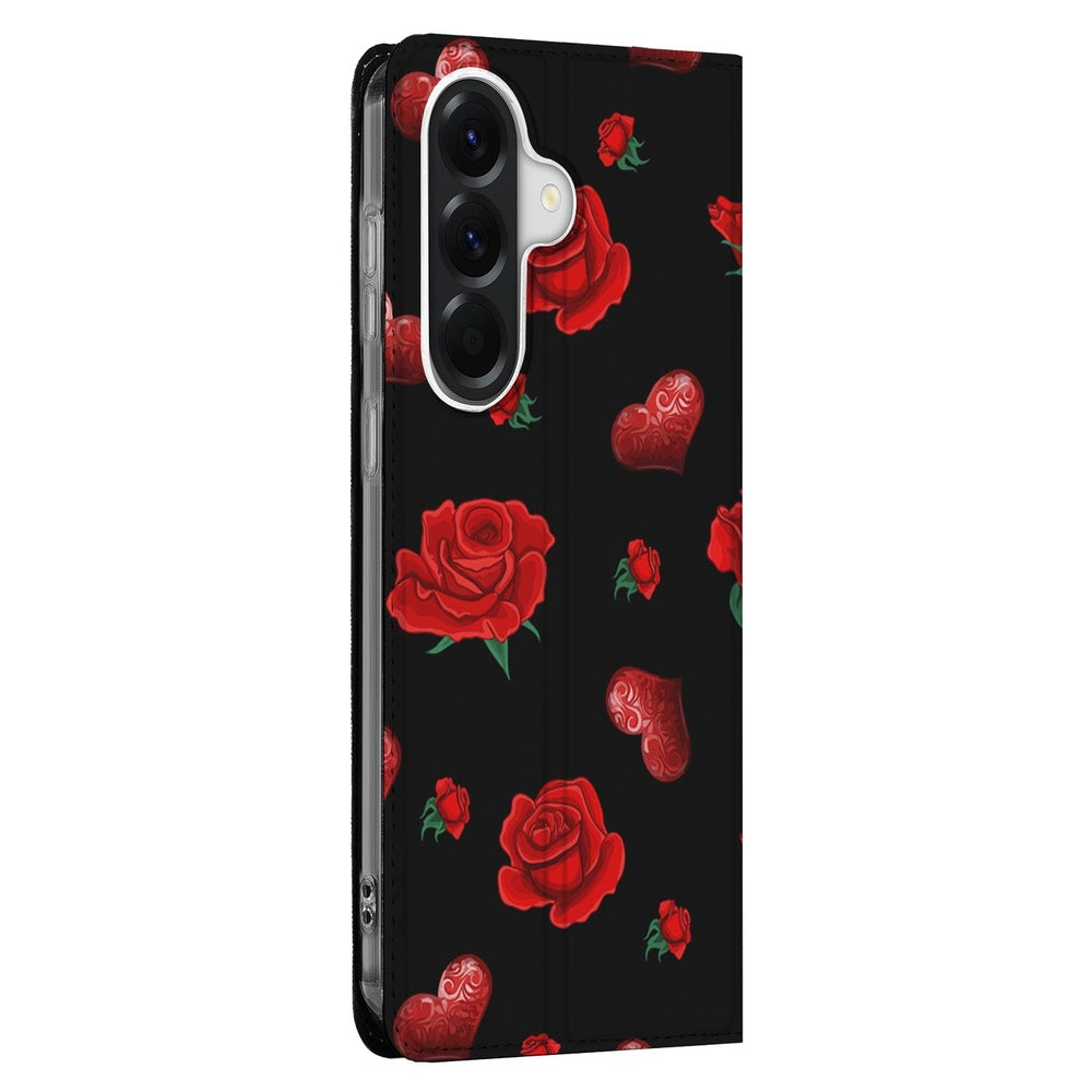 Bookcase Samsung Galaxy A37 Valentine boekcase ontwerp rozen zwart vooraanzicht.