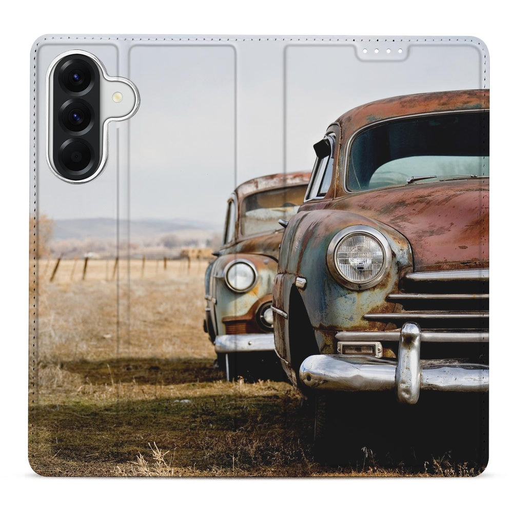 Samsung Galaxy A37 Book Case Vintage Auto vintage auto print vooraanzicht.