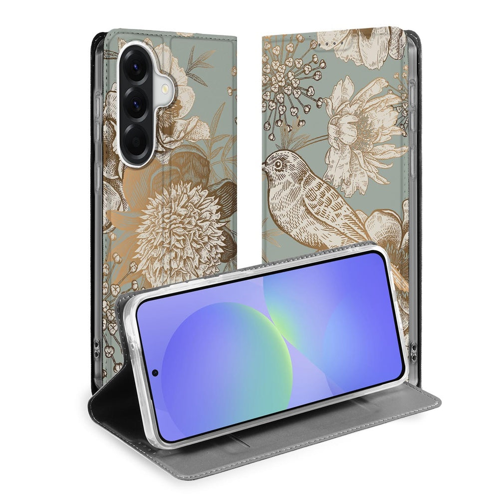 Samsung Galaxy A37 Book Cover Vintage Bird Flowers detail.