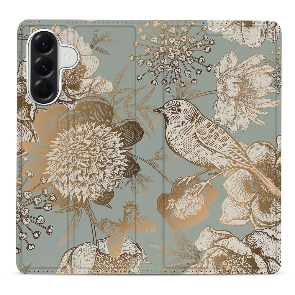Samsung Galaxy A37 Book Cover Vintage Bird Flowers detail vintage bloemen en vogels.