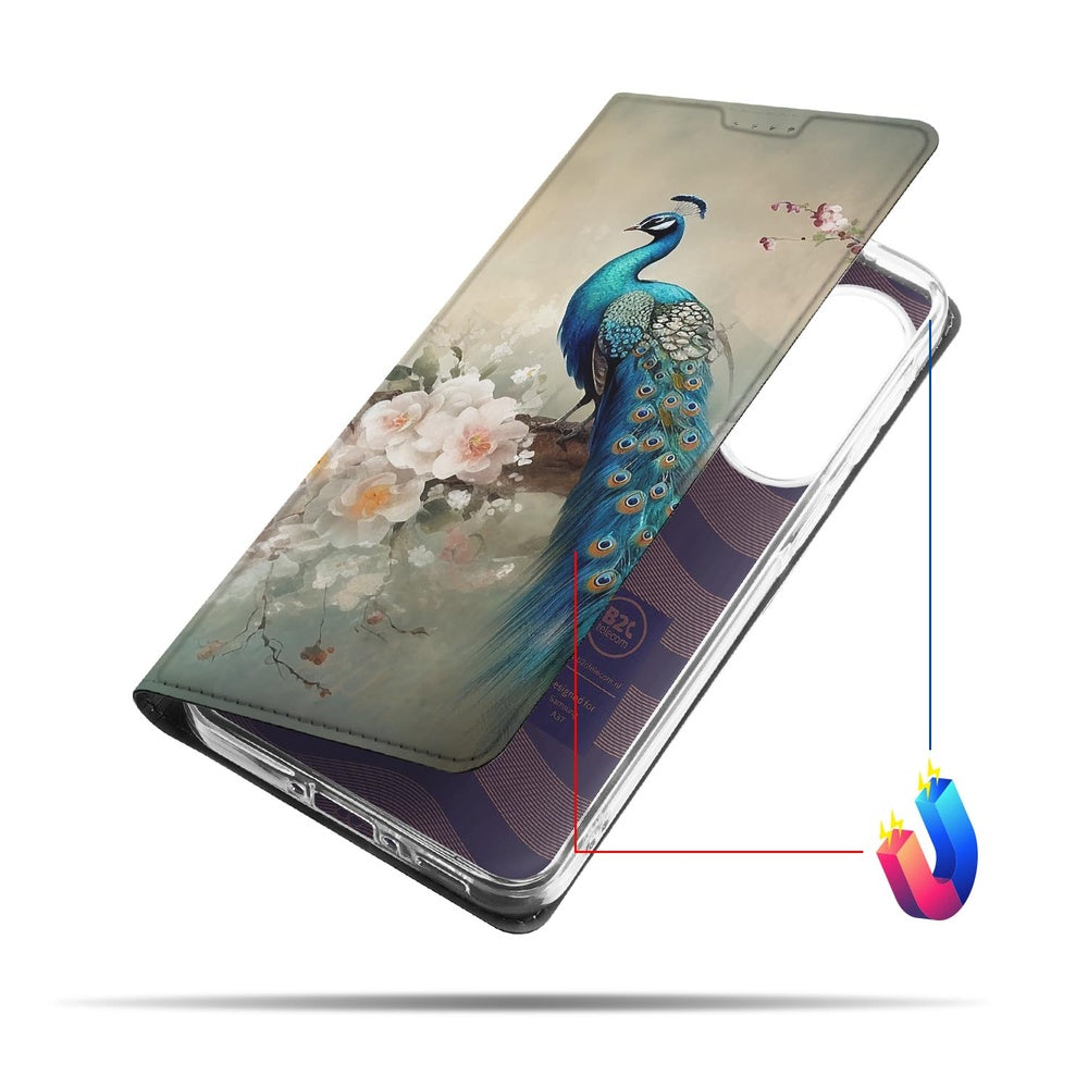 Samsung Galaxy A37 Bookcase Vintage Pauwen detail met pauw en bloemen op achtergrond.