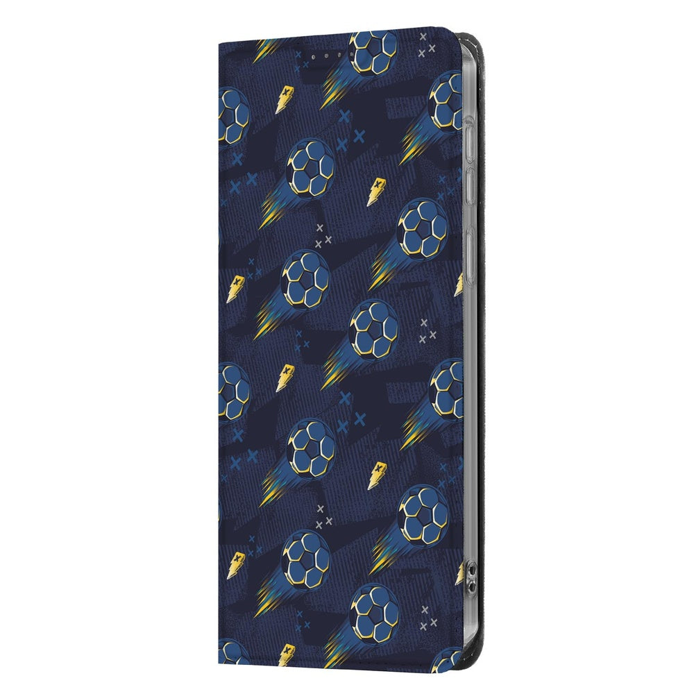 Samsung Galaxy A37 Bookcase Hoesje Voetbal voetbaldesign nachtblauw vooraanzicht.