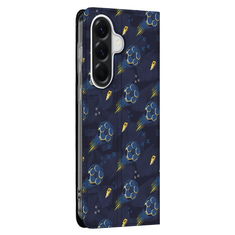Samsung Galaxy A37 Bookcase Hoesje Voetbal Vooraanzicht voetbalpatroon nachtblauw.