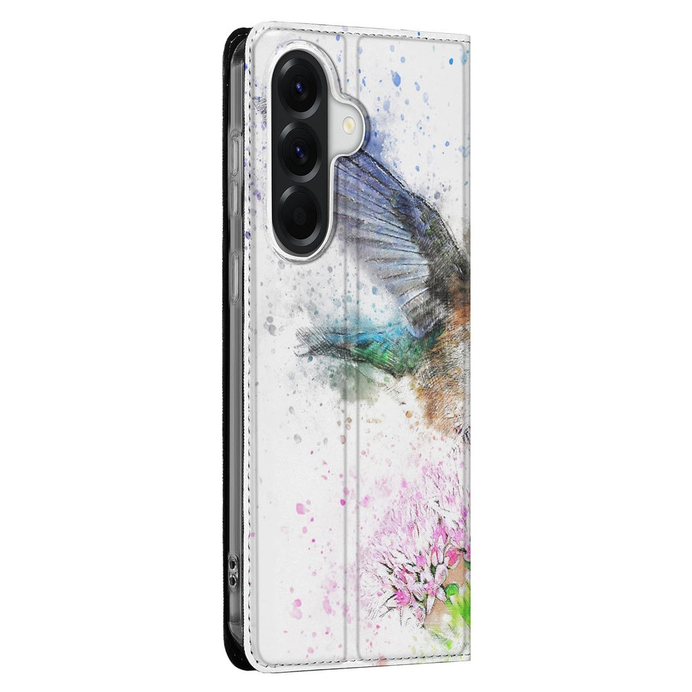 Samsung Galaxy A37 Flip Style Cover Vogel detailzicht van vogelprint met bloemen.