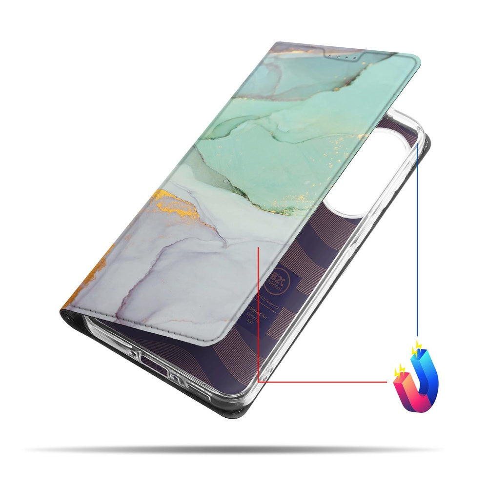 Samsung Galaxy A37 Book Cover Watercolor Mix gevel met pastel tinten en gouden accenten schuin aanzicht.