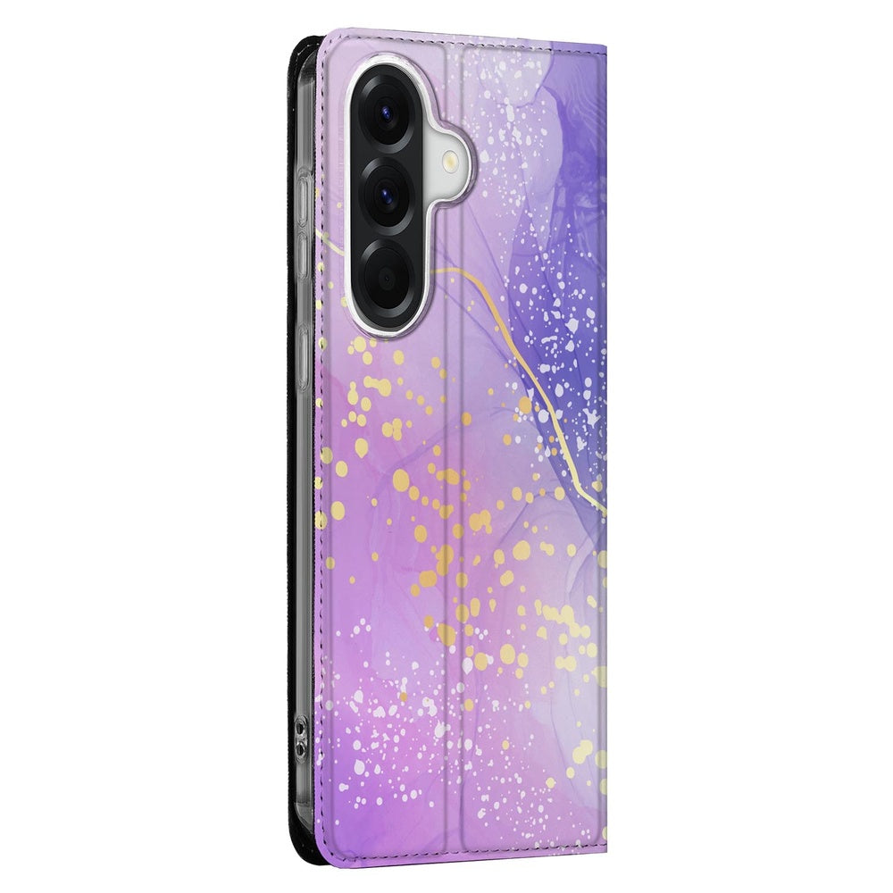 Samsung Galaxy A37 Bookcase Watercolor Paars zijaanzicht met paarse en gouden vlekken.