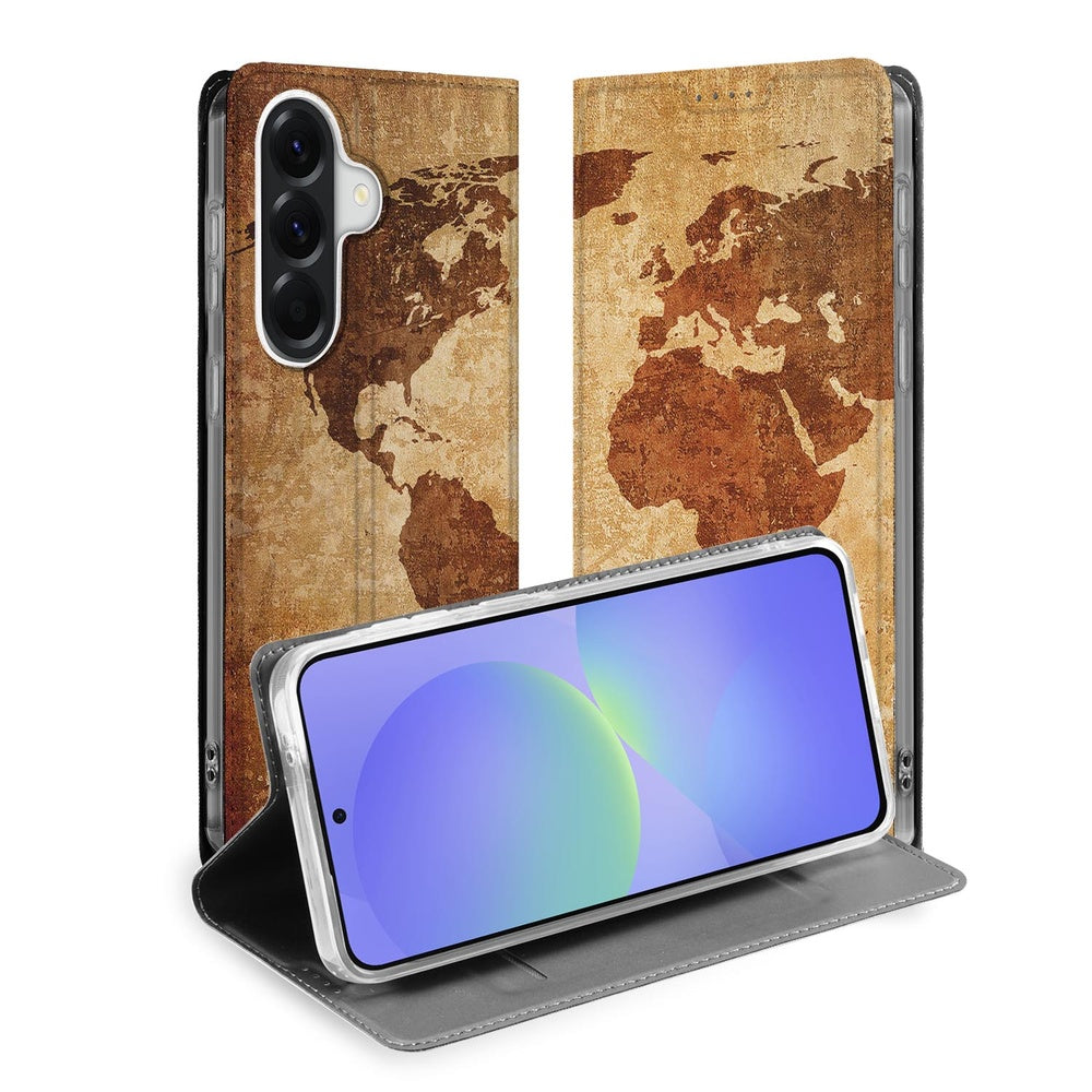 Samsung Galaxy A37 Bookcase Hoesje Wereldkaart voorkant detail.