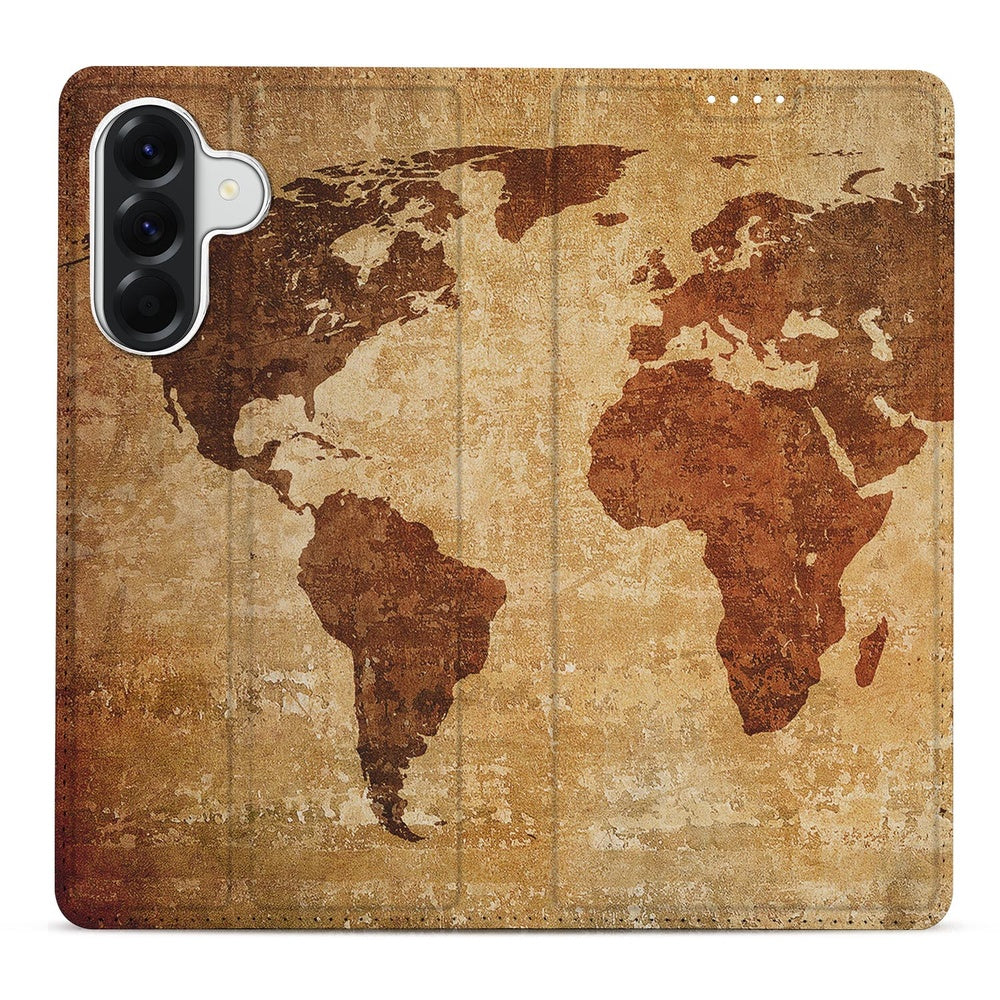 Samsung Galaxy A37 Bookcase Hoesje Wereldkaart wereldkaart motief vooraanzicht.