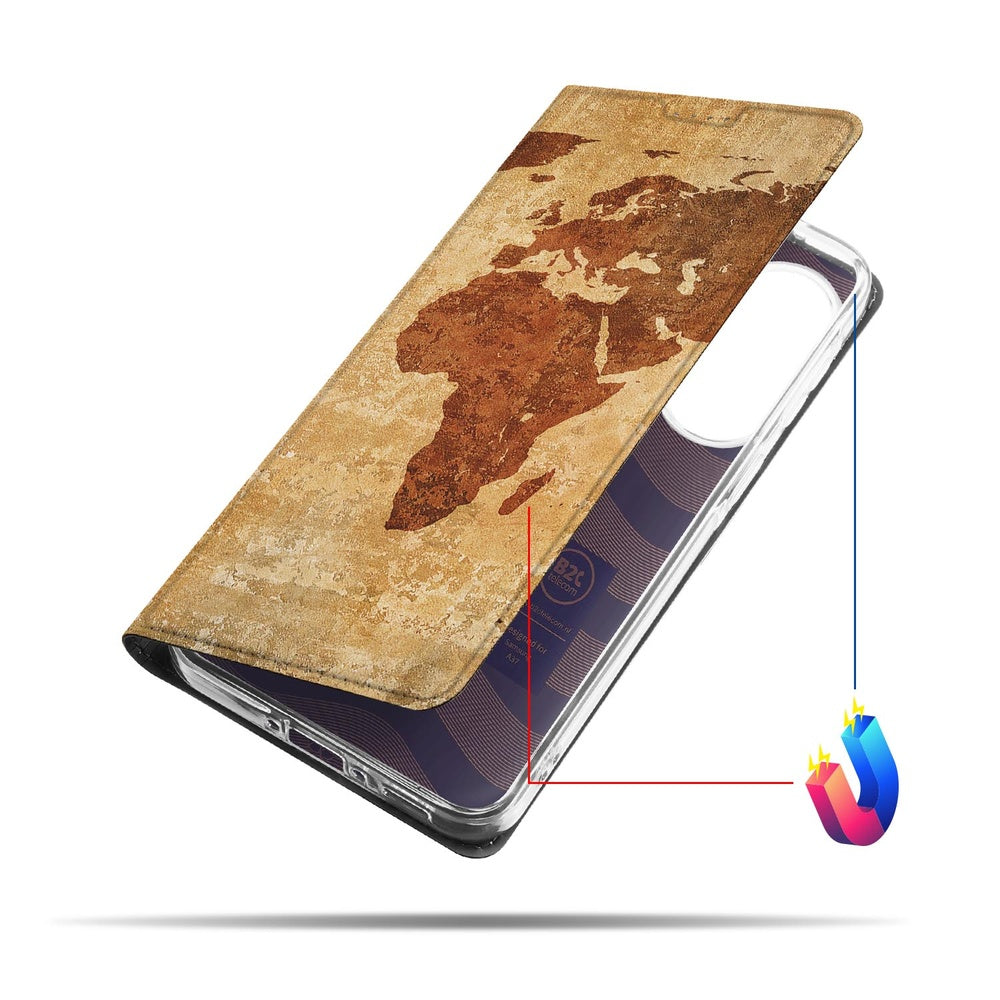 Samsung Galaxy A37 Bookcase Hoesje Wereldkaart wereldkaart-motief vooraanzicht.