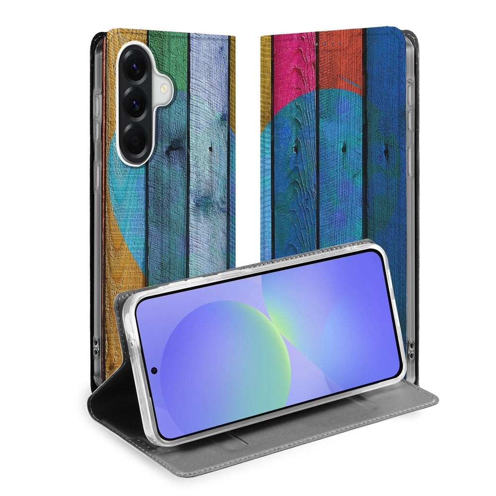Samsung Galaxy A37 Standcase Hoesje Wood Heart Standcase kleurrijk houten hart vooraanzicht.