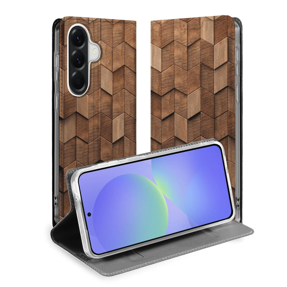 Samsung Galaxy A37 Smart Cover Hoesje Wooden Cubes vooraanzicht.