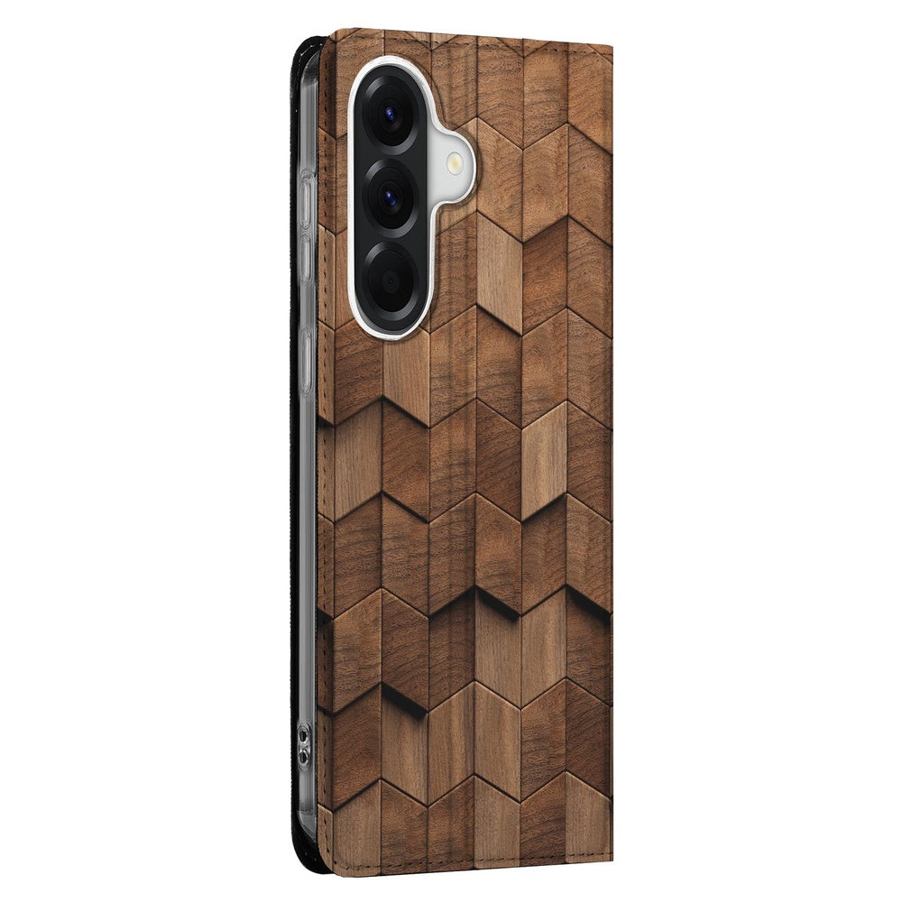 Samsung Galaxy A37 Smart Cover Hoesje Wooden Cubes houten blokjes design vooraanzicht.