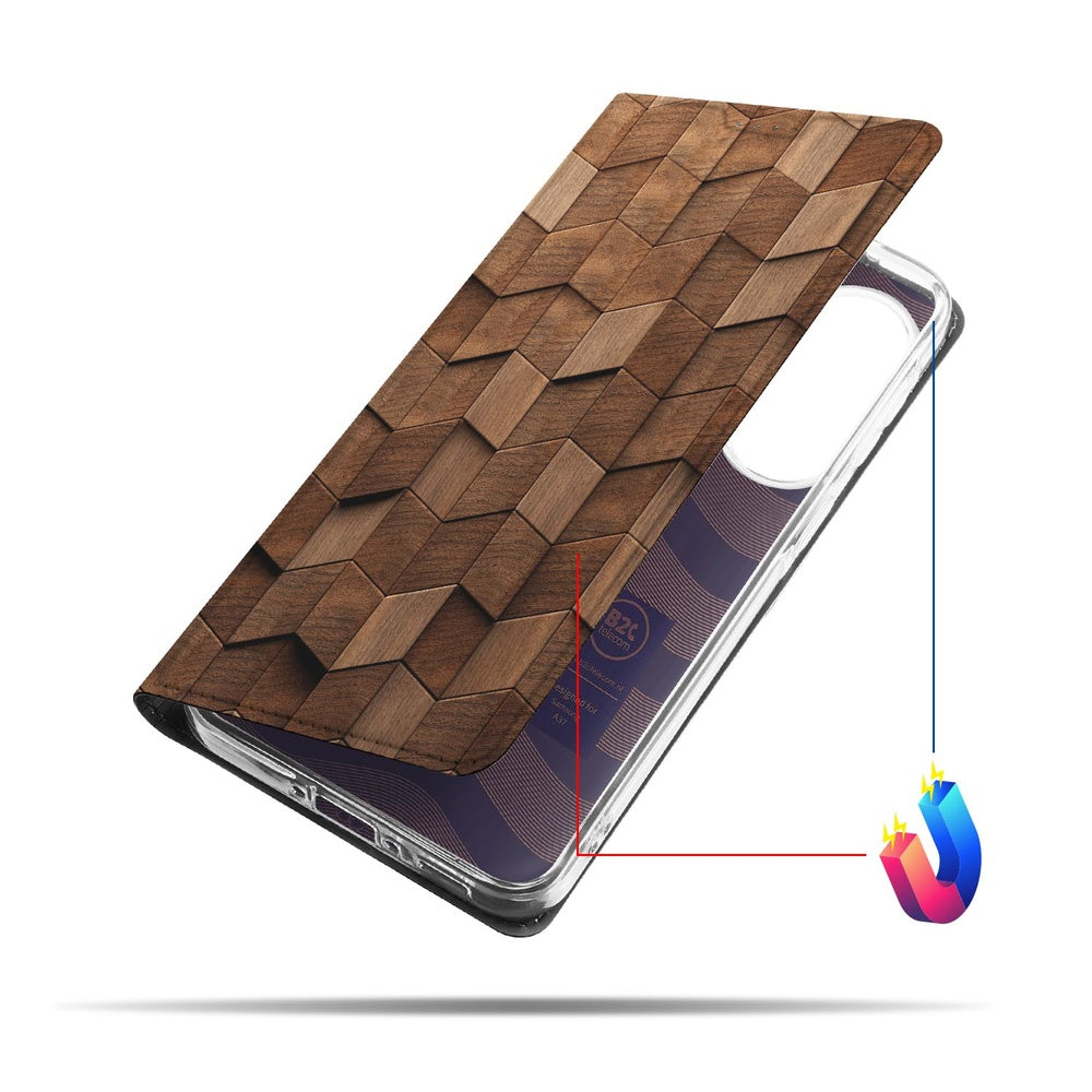 Samsung Galaxy A37 Smart Cover Hoesje Wooden Cubes houten blokken patroon vooraanzicht.