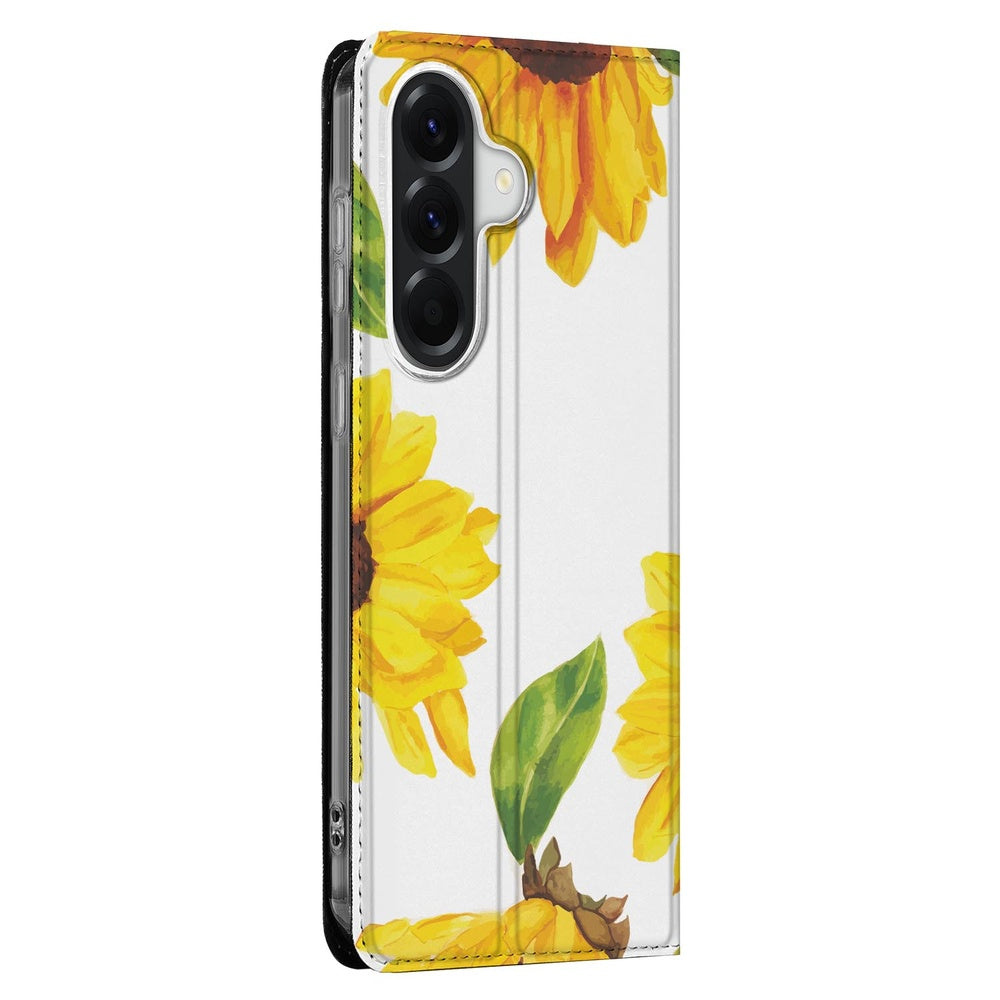 Samsung Galaxy A37 Book Case Zonnebloemen standcase zonnebloemen wit detail.