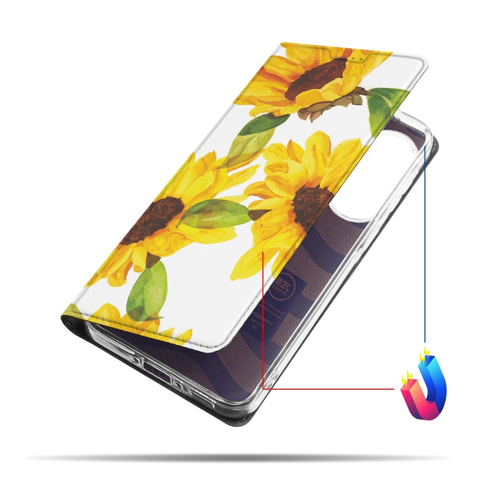 Samsung Galaxy A37 Book Case Zonnebloemen standcase zonnebloemen ontwerp vooraanzicht.