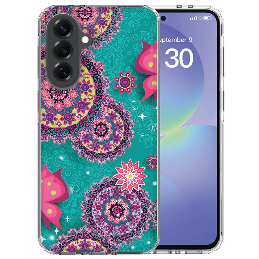 Achterkant van het Samsung Galaxy A37 hoesje met Cirkels en Vlinders design in groen en roze