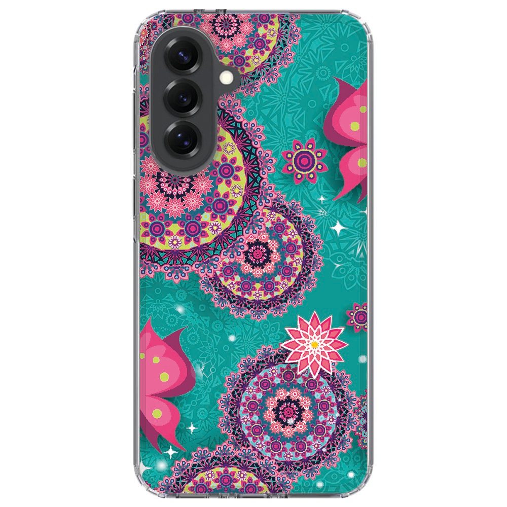 Samsung Galaxy A37 met Cirkels en Vlinders hoesje, zijaanzicht met klikbare knoppen