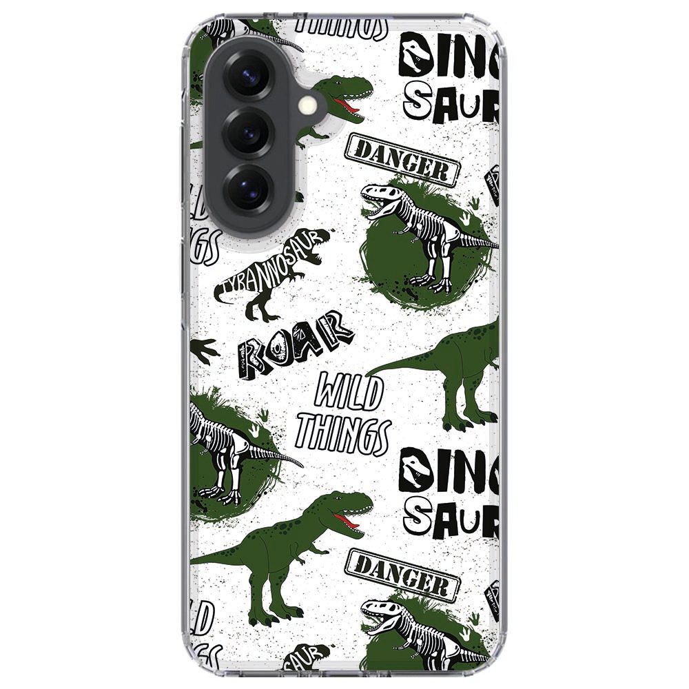 Samsung Galaxy A37 met Dinosaurus hoesje schuin van opzij, knoppen zichtbaar