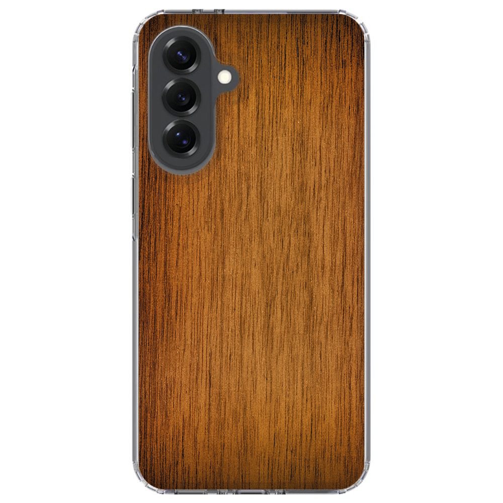 Samsung Galaxy A37 in het Donker Hout hoesje, schuin aanzicht met verhoogde camerarand