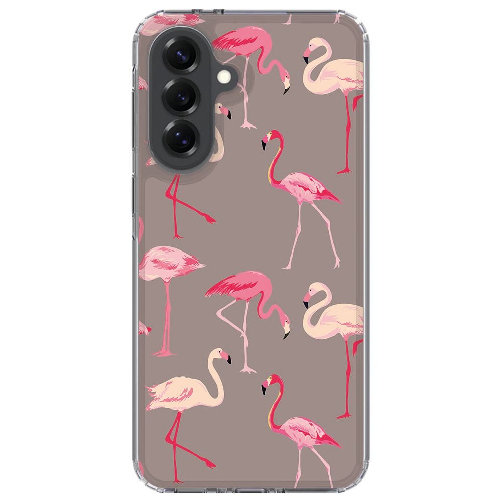 Samsung Galaxy A37 in Flamingo hoesje, schuin aanzicht met verhoogde camerarand