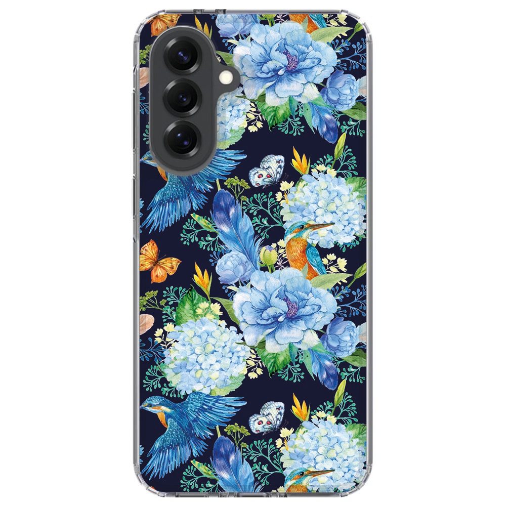 Zijaanzicht van de Samsung Galaxy A37 in het IJsvogel hoesje met transparante randen