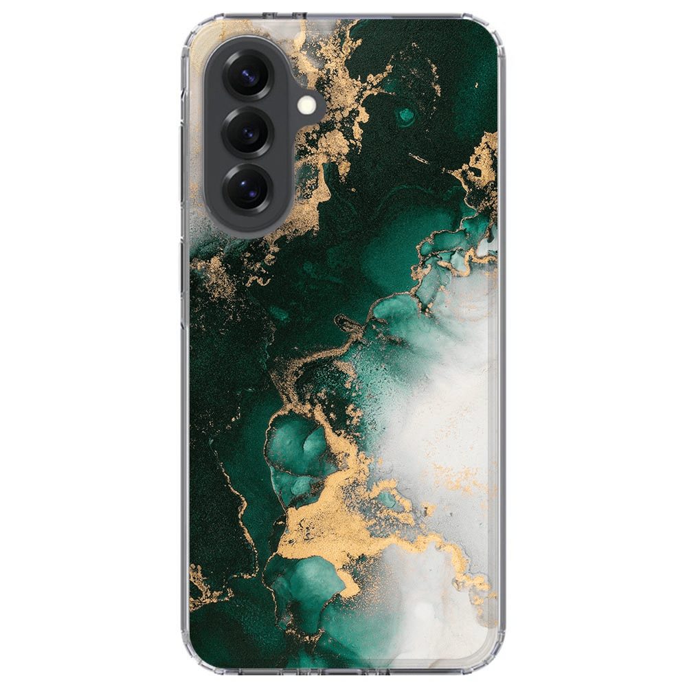 Samsung Galaxy A37 met groen marmeren hoesje liggend, verhoogde cameraranden zichtbaar