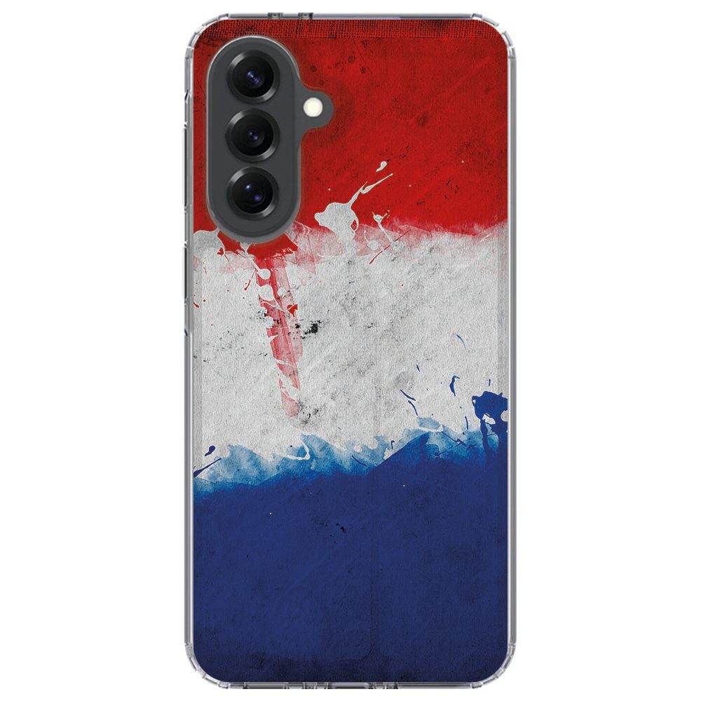Samsung Galaxy A37 in het Nederlandse Vlag hoesje, zijkant met knoppenoverlay zichtbaar