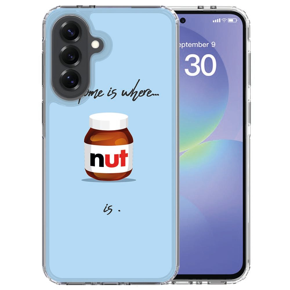 Softcase Nut Home om de Samsung Galaxy A37, blauwe illustratie op de achterkant