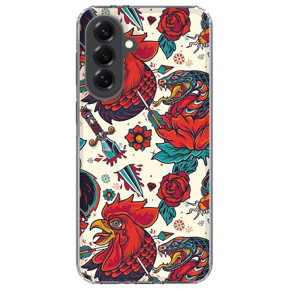 Samsung Galaxy A37 in het Old Skool hoesje, achterzijde schuin met vrije cameralenzen