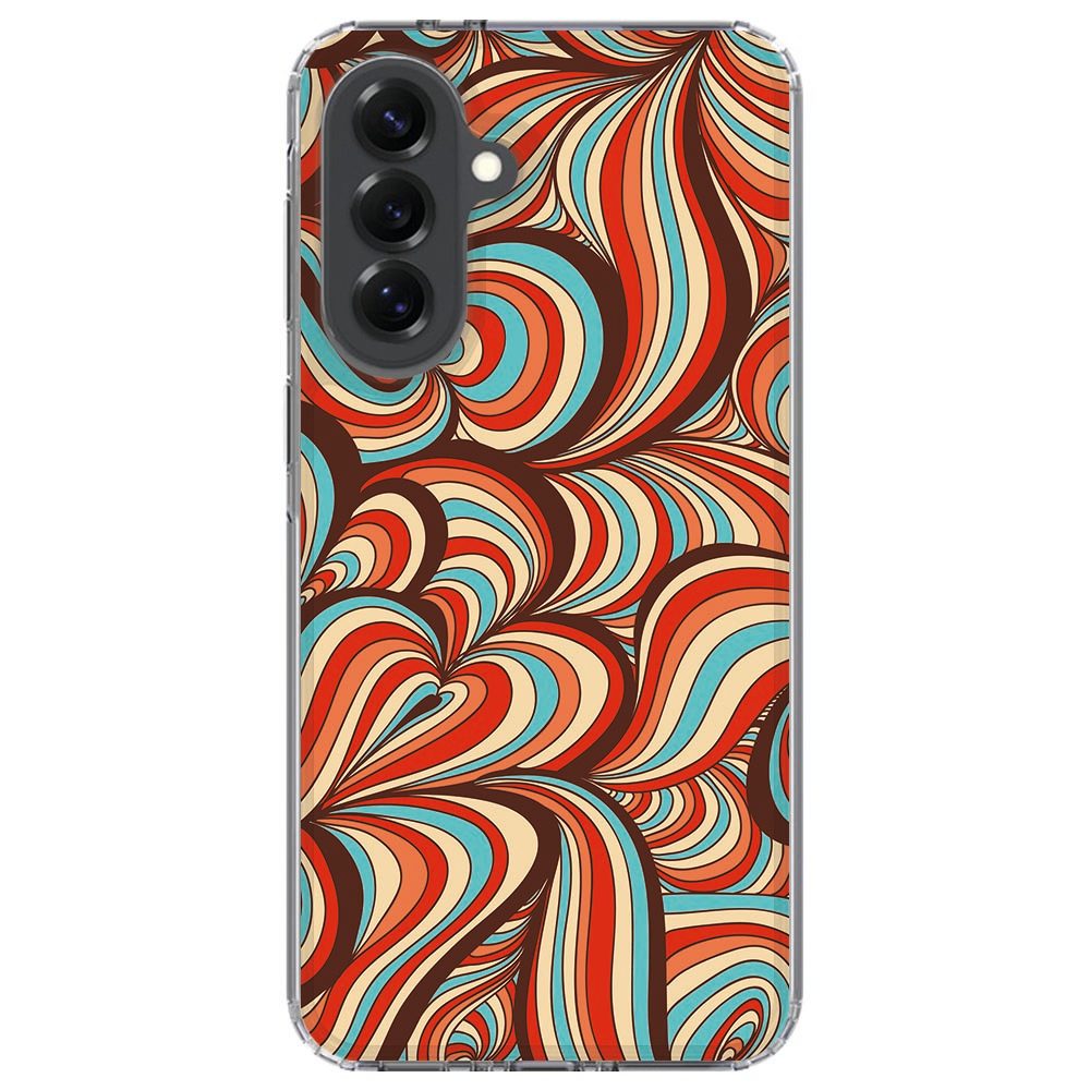 Samsung Galaxy A37 met Retro hoesje in de hand, achterkant met jaren zeventig patroon